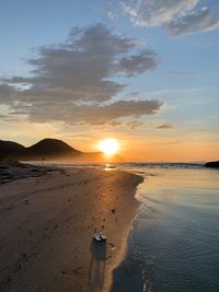 Scenic view of beach against sky during sunset