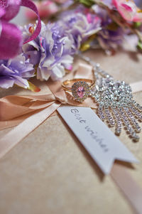 High angle view of purple flower on table
