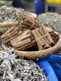 Close-up of wicker basket for sale at market stall