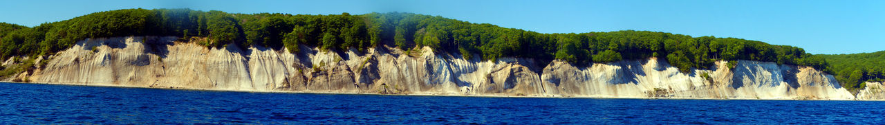 Panoramic view of sea against clear blue sky