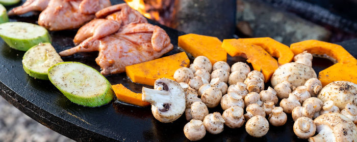 High angle view of vegetables on barbecue