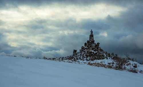 Snow covered landscape against sky