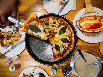 High angle view of pizza on table