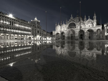 Reflection of building in water at night