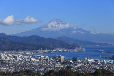 Fuji mountain and fujiyoshida town against sky