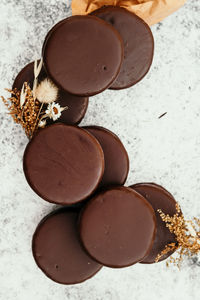 High angle view of chocolate in bowl on table