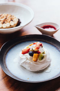 High angle view of breakfast in plate on table
