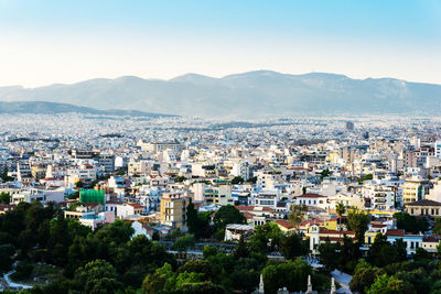 High angle view of cityscape against clear sky