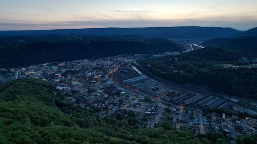 High angle view of townscape against sky at sunset