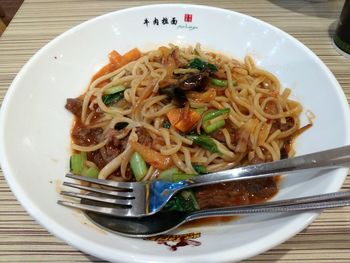 Close-up of noodles served in bowl