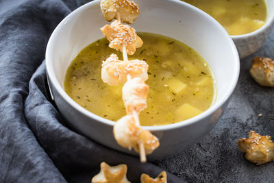 High angle view of soup in bowl on table