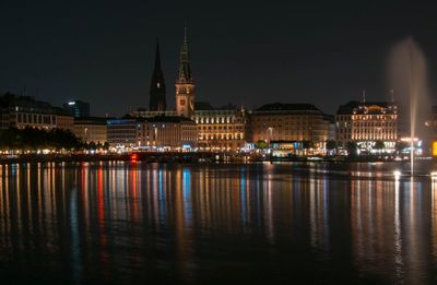 Reflection of illuminated buildings in water at night