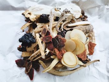 High angle view of fruits in plate