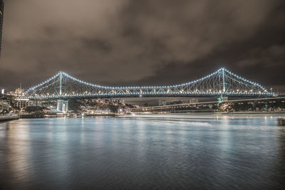 Illuminated suspension bridge over river against cloudy sky