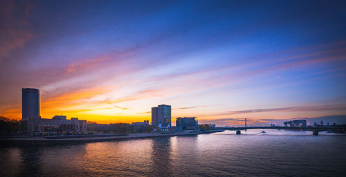 Scenic view of river by buildings against sky during sunset