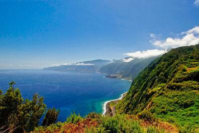 Scenic view of sea and mountains against blue sky