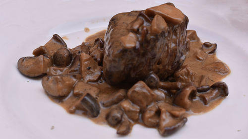 High angle view of chocolate cake in plate