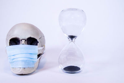 Close-up of glasses on table against white background