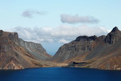 Scenic view of lake and mountains against sky