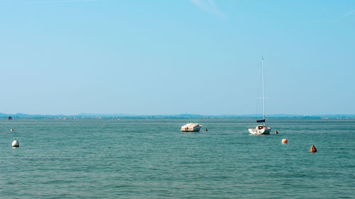 Sailboats in sea against clear sky