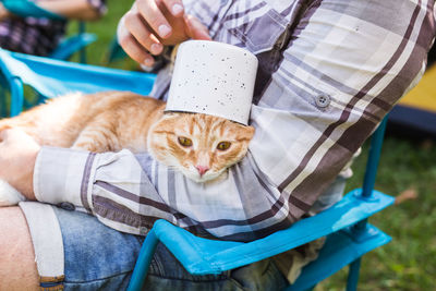 Midsection of man holding cat