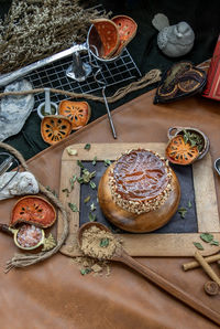 High angle view of food on table