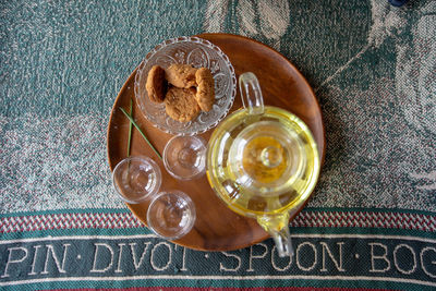 High angle view of glass on table