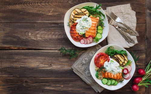 Directly above shot of breakfast served on table