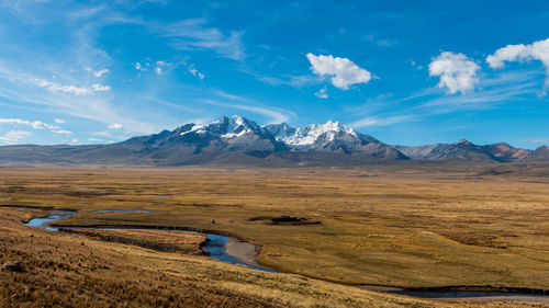 Scenic view of snowcapped mountains against sky