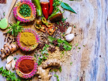 High angle view of vegetables on wood