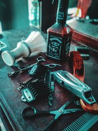 High angle view of tools on table