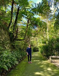 Front view of  a woman walking  amidst trees