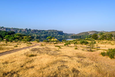 Scenic view of landscape against clear blue sky