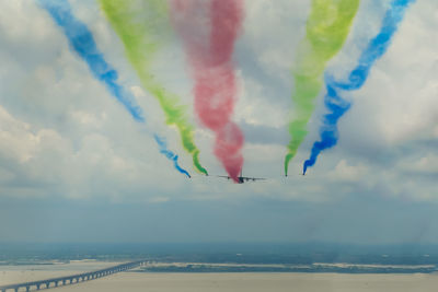 Scenic view of formation of airplanes coloring with sky with smokes in airshow over padma bridge 