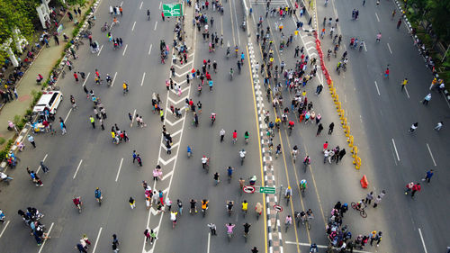 High angle view of crowd on city street