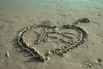 High angle view of heart shape on sand