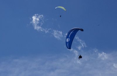 Low angle view of person paragliding against sky