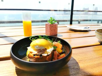 Close-up of breakfast served on table