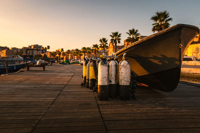 Footpath by palm trees against clear sky during sunset