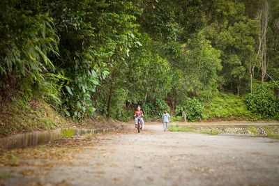 Rear view of two people walking on footpath