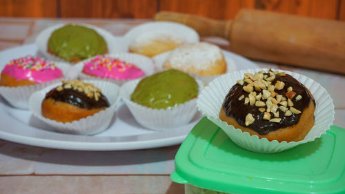 Close-up of cake served on table