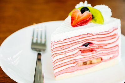 High angle view of cake slice in plate
