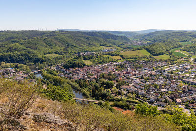 High angle view from the rotenfels of bad muenster am stein ebernburg with the nahe river, germany