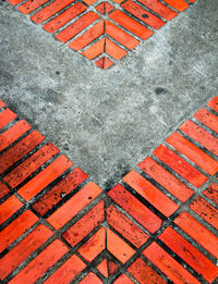 Full frame shot of red bricks aligned in the v-shaped pattern