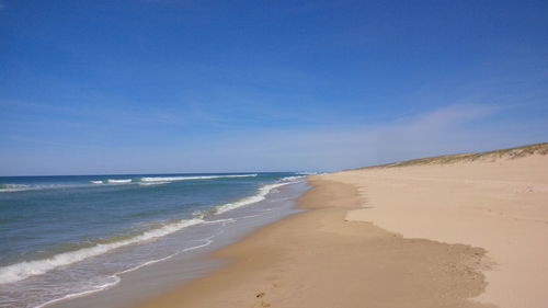 Scenic view of beach against blue sky