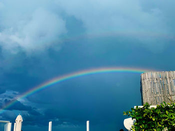 Rainbow over buildings in city against sky