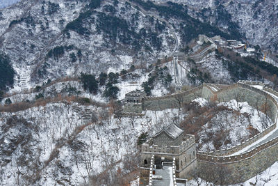 High angle view of trees and buildings during winter