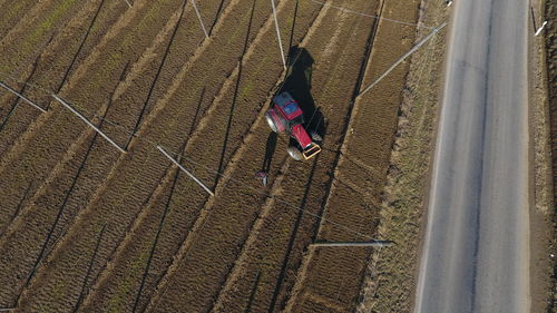 High angle view of child working on field