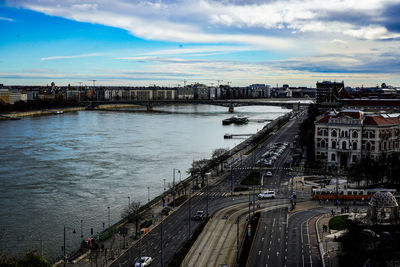 High angle view of city at waterfront