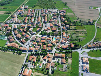 High angle view of buildings in city